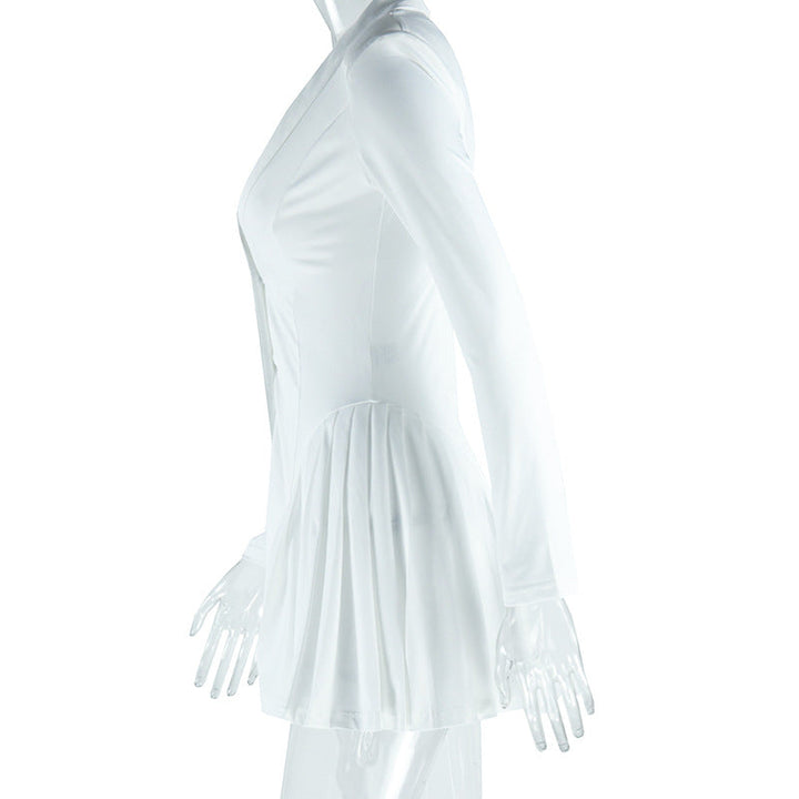 Long sleeve v neck pleated button padded mini dress