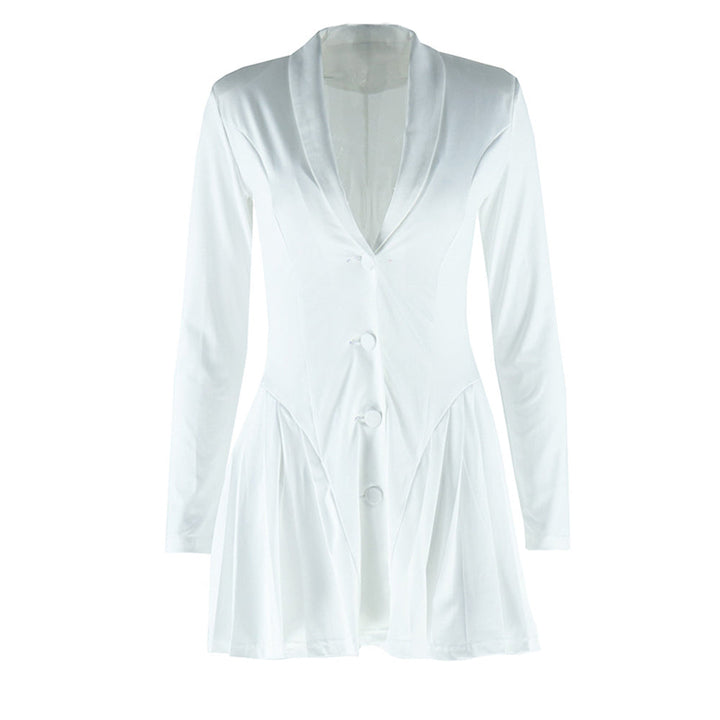 Long sleeve v neck pleated button padded mini dress