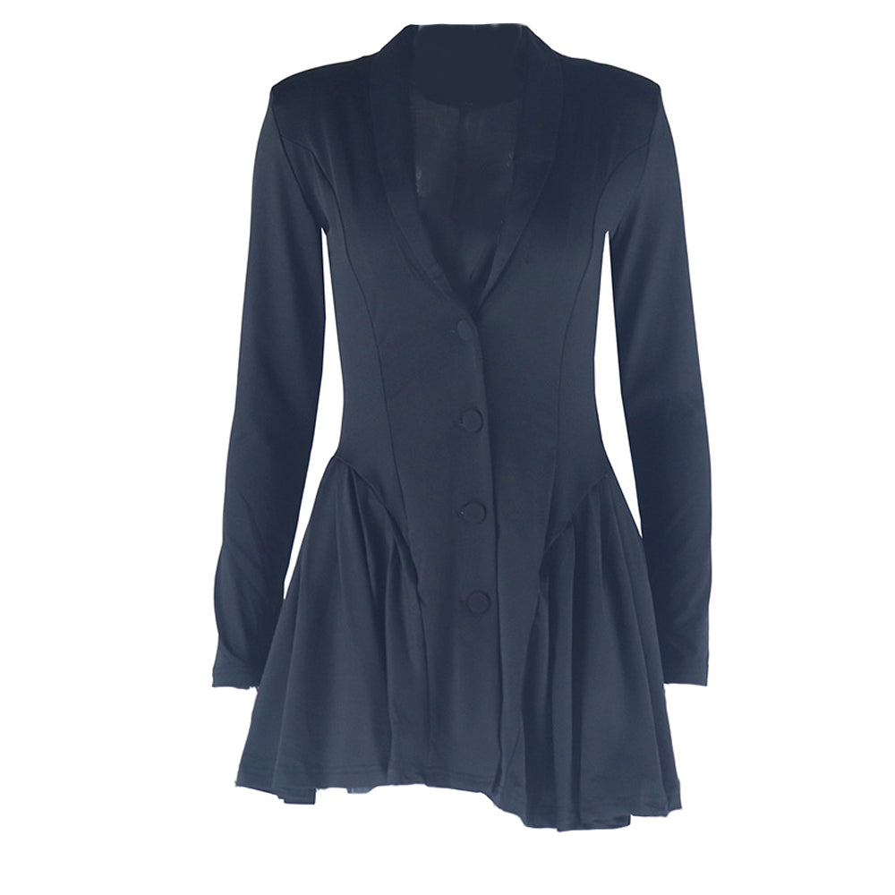 Long sleeve v neck pleated button padded mini dress