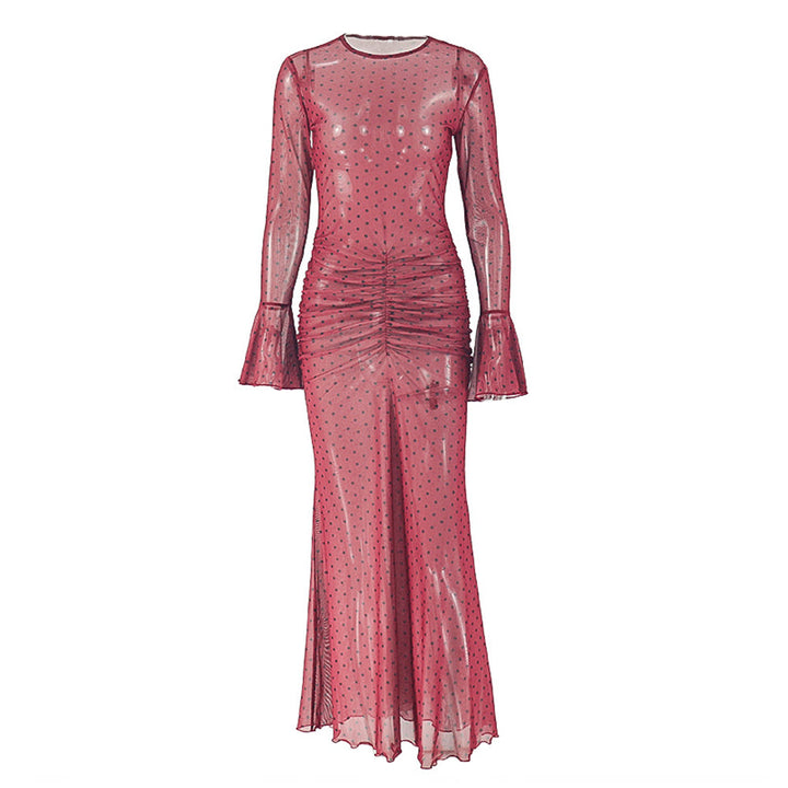 Polka dot long flared sleeve ruched sheer mesh maxi dress