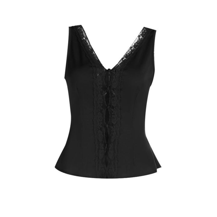 Lace hem v neck self tie hollow out satin top