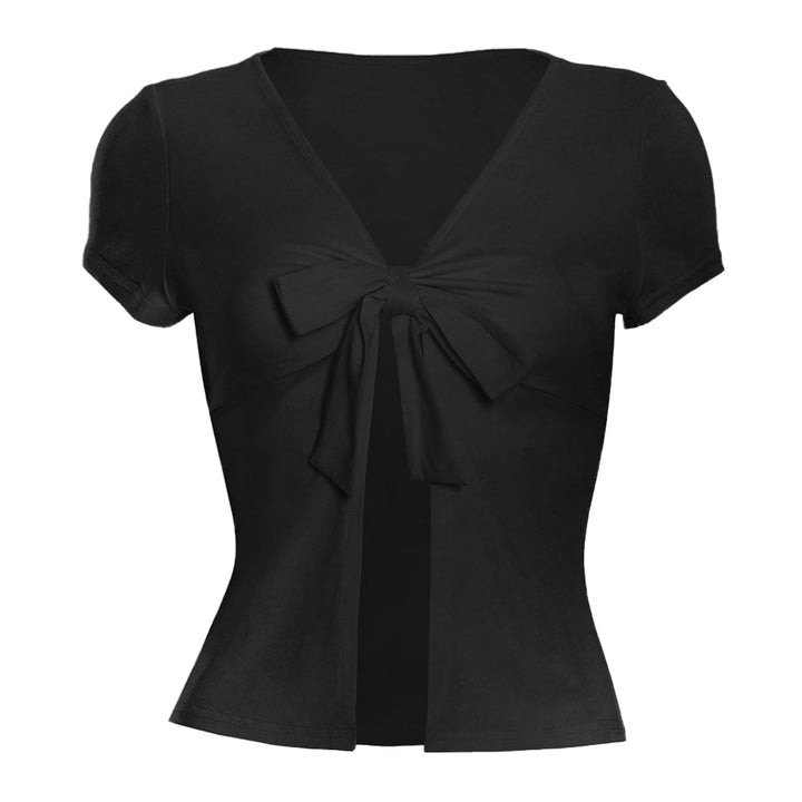 Short sleeve v neck self tie solid crop top