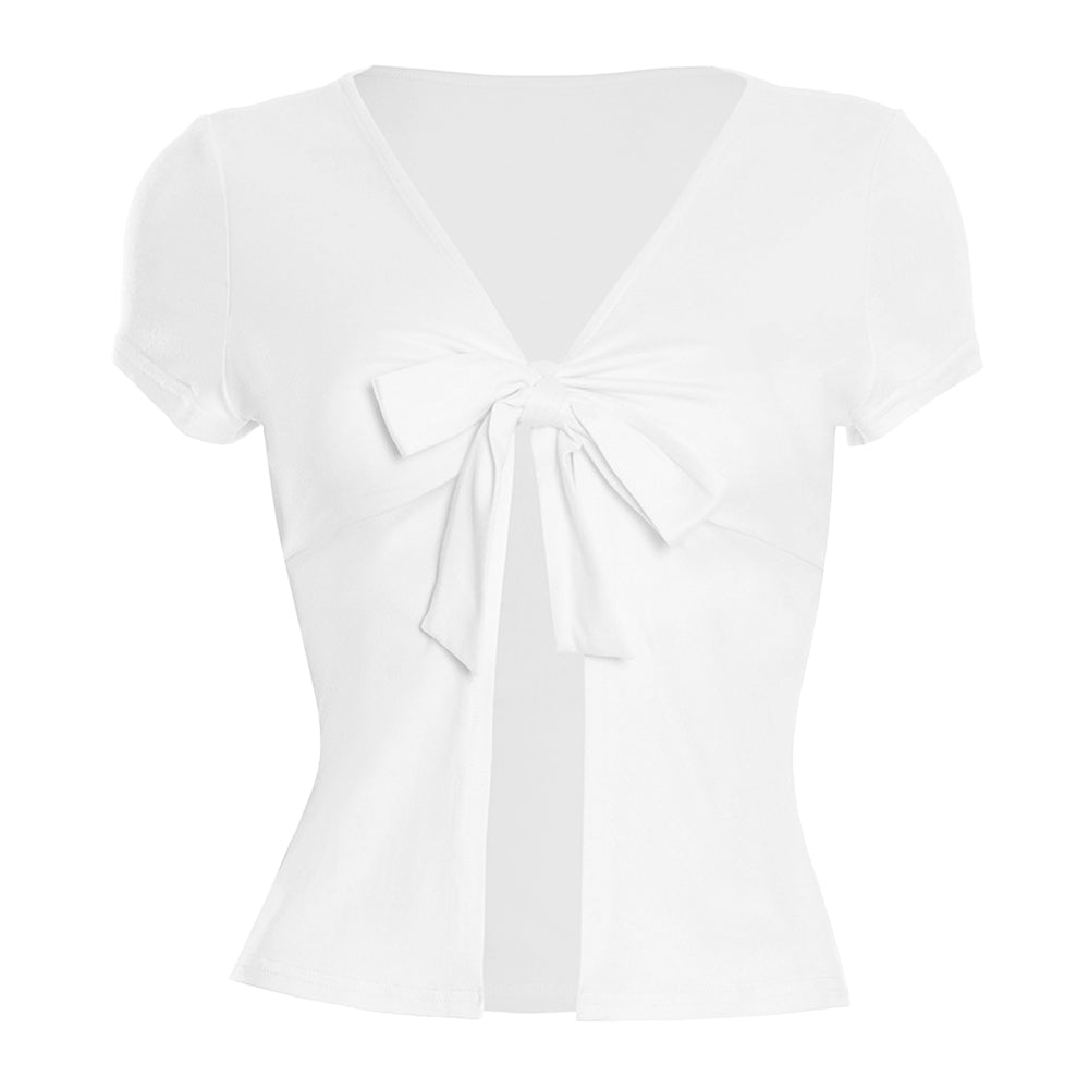 Short sleeve v neck self tie solid crop top