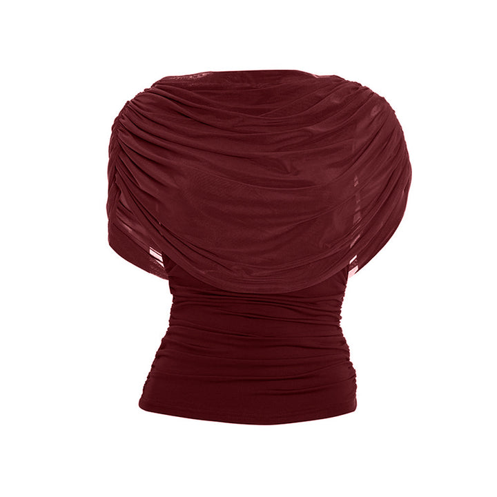 Ruched crewneck mesh solid top