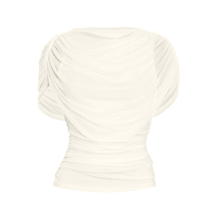 Ruched crewneck mesh solid top