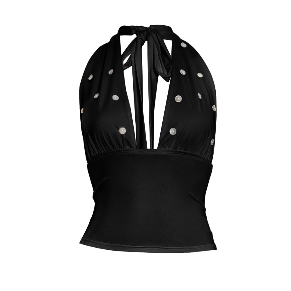 Self tie halter button applique backless top