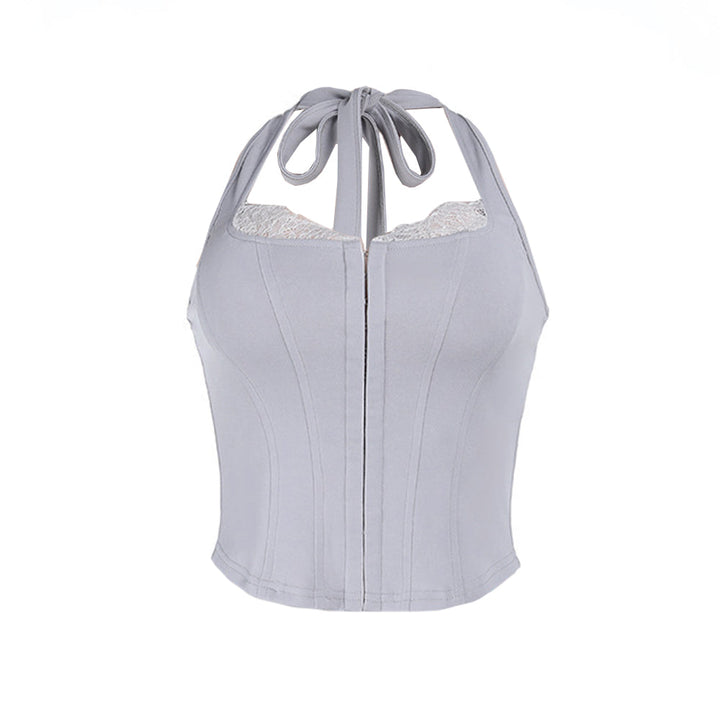 Lace hem self tie halter corset backless top