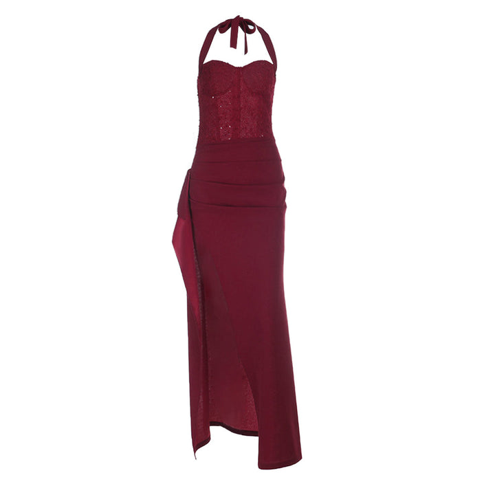 Irregular pleated slit halter self tie maxi dress