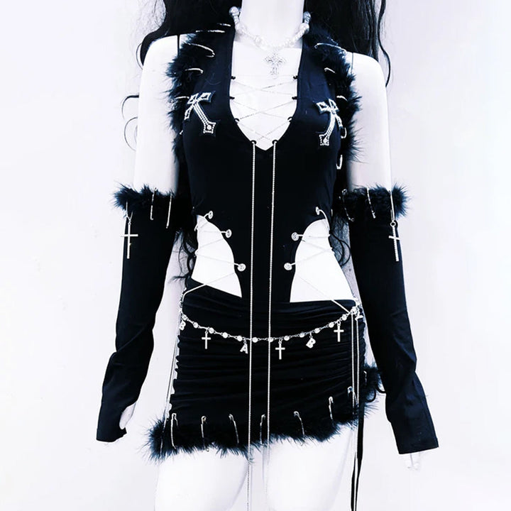 Metal chain v neck halter fluffy mini skirt set