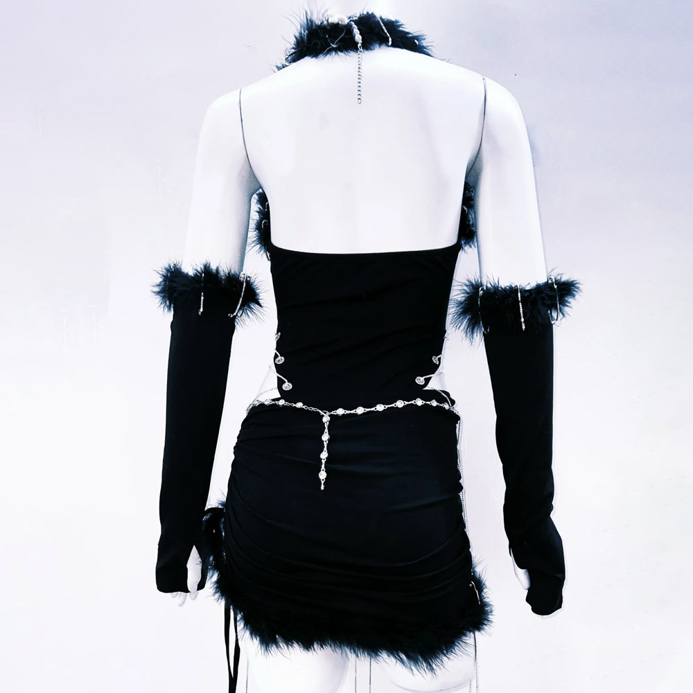 Metal chain v neck halter fluffy mini skirt set