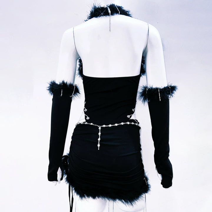 Metal chain v neck halter fluffy mini skirt set