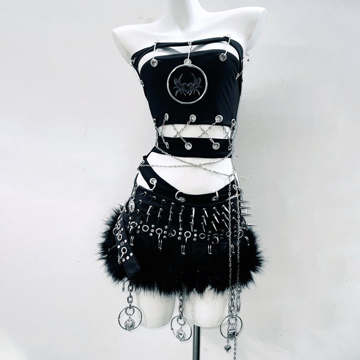 Hollow out metal chain o ring backless tube bodysuit