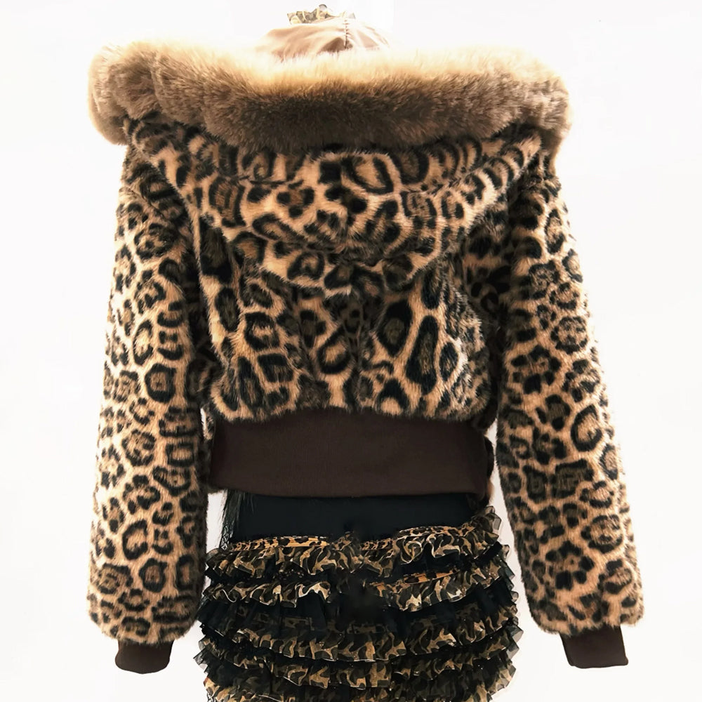 Leopard print long sleeve hoodie fluffy bowknot top  | Cheetah Print Top
