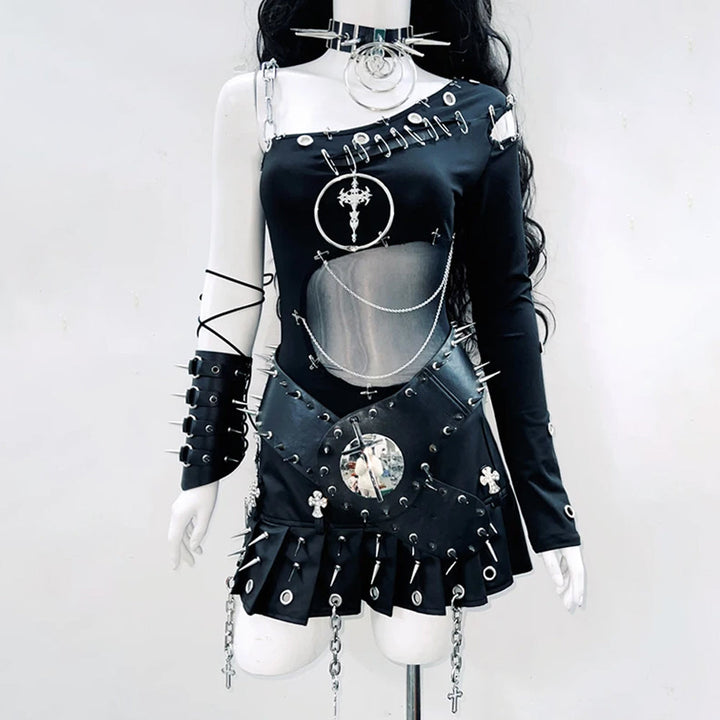 Irregular o ring metal chain long sleeve hollow out bodysuit