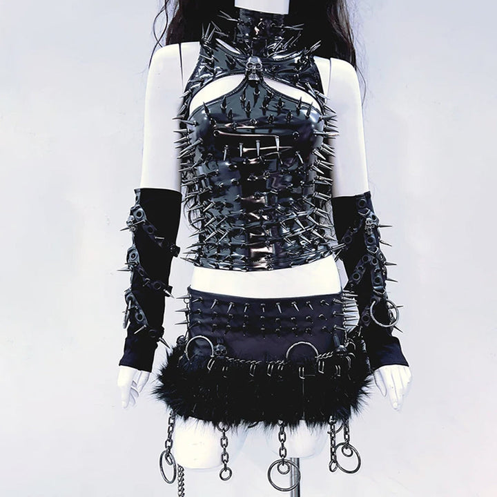 PU leather hollow out rivet applique high neck top