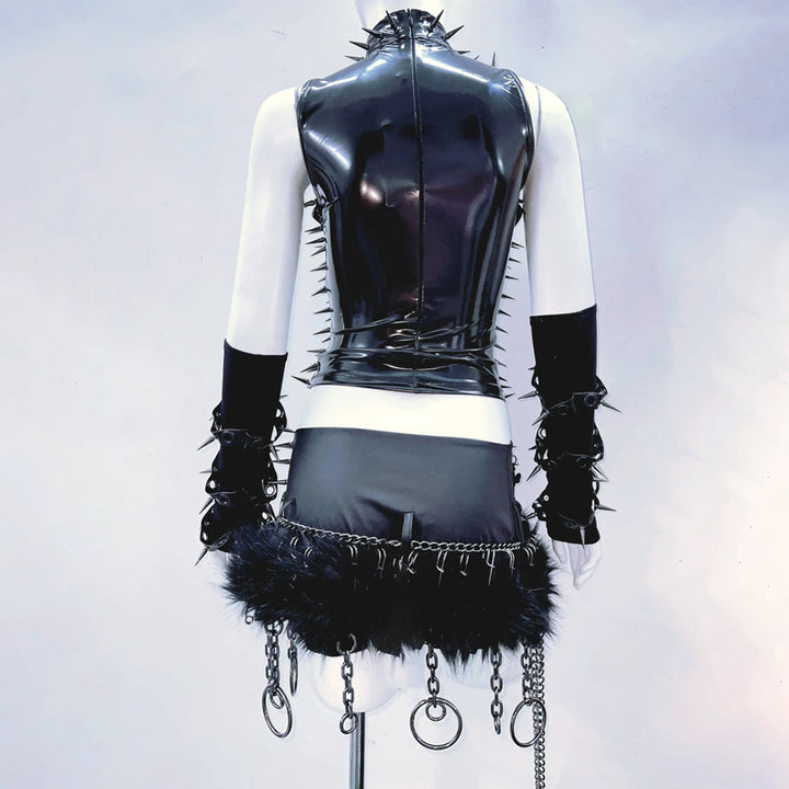 PU leather hollow out rivet applique high neck top