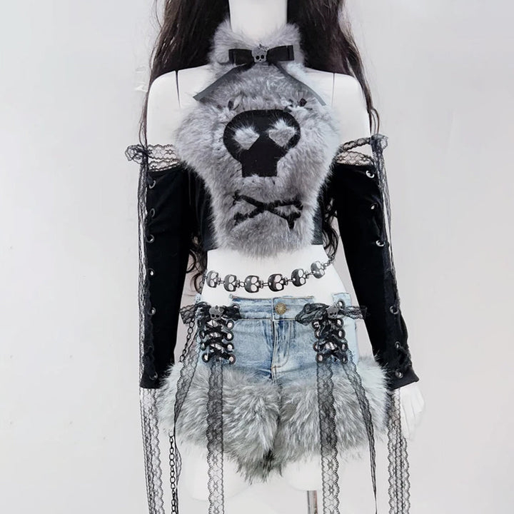 Fluffy bowknot long sleeve lace hem halter top