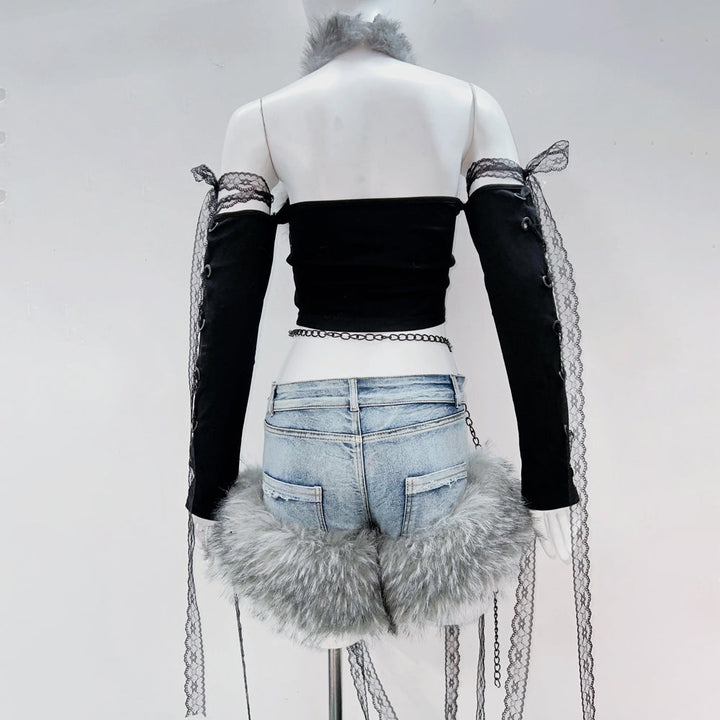 Fluffy bowknot long sleeve lace hem halter top