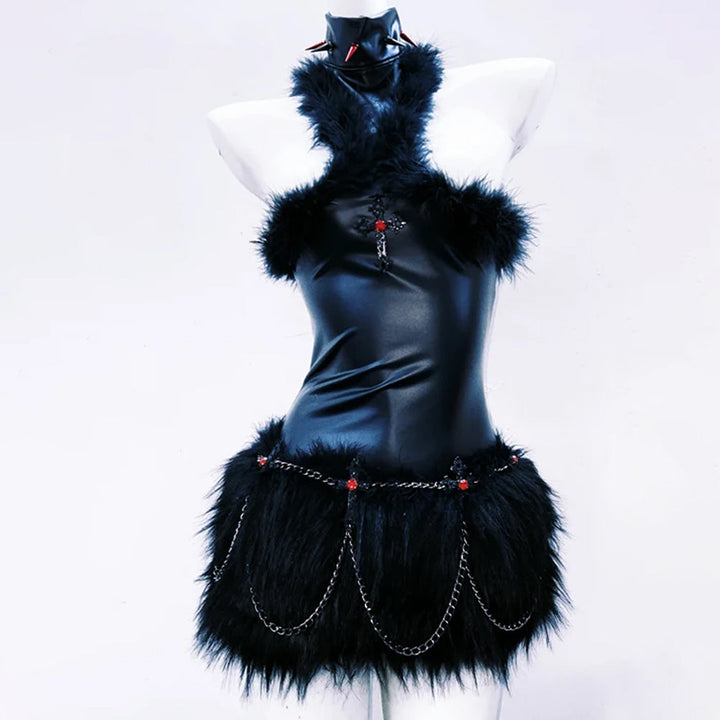 Fluffy high neck PU leather metal chain mini dress