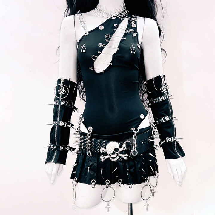 Irregular hollow out metal chain backless bodysuit