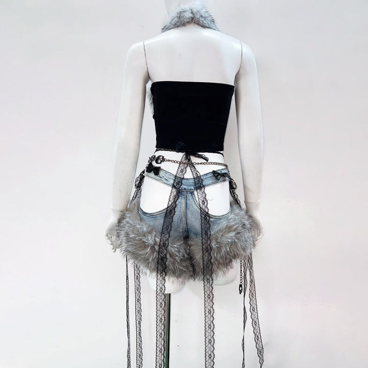 Bowknot fluffy halter skull pattern backless top