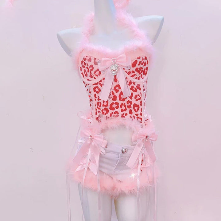 Leopard print bowknot halter fluffy backless top  | Cheetah Print Top