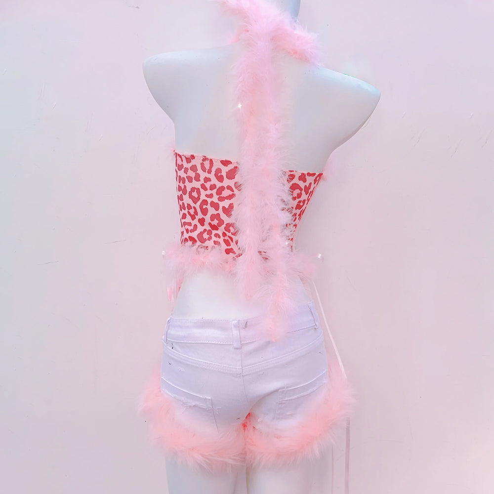 Leopard print bowknot halter fluffy backless top  | Cheetah Print Top