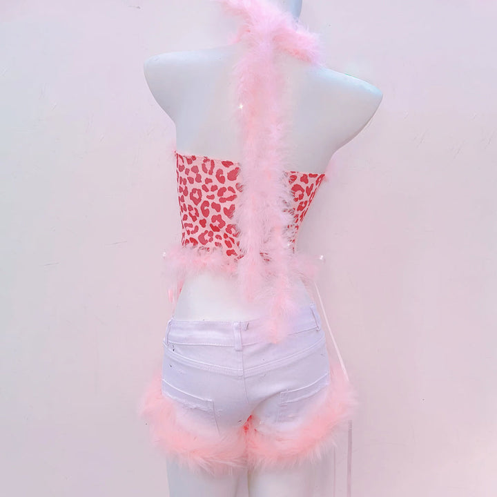 Leopard print bowknot halter fluffy backless top  | Cheetah Print Top