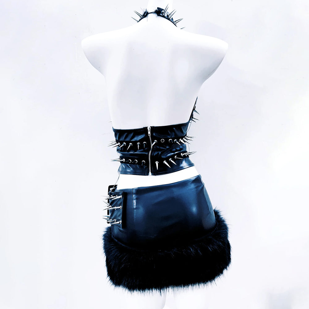Halter o ring hollow out rivet applique PU leather top