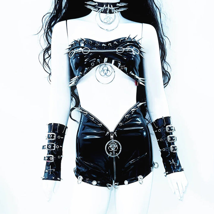 PU leather zip-up o ring rivet applique tube top