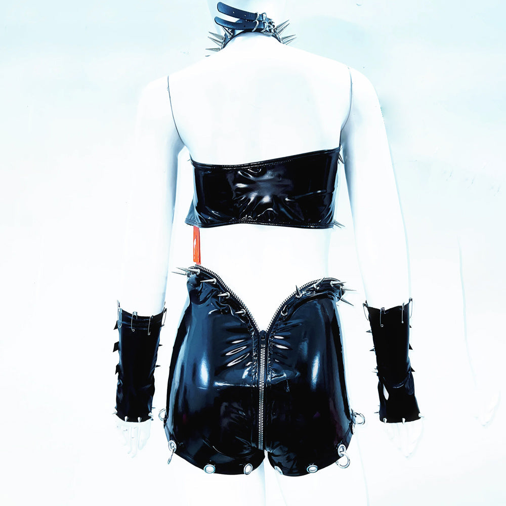 PU leather zip-up o ring rivet applique tube top