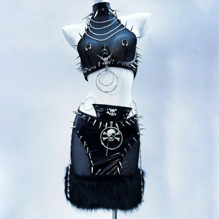 Halter metal chain see through rivet applique mini skirt set