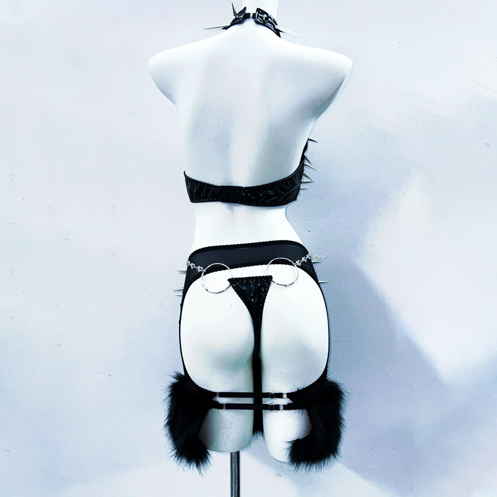 Halter metal chain see through rivet applique mini skirt set