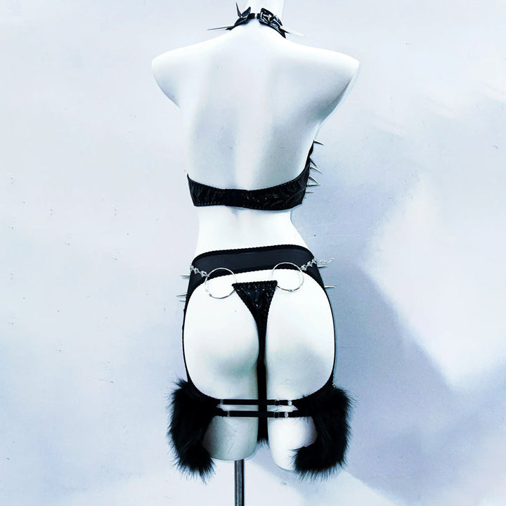 Halter metal chain see through rivet applique mini skirt set