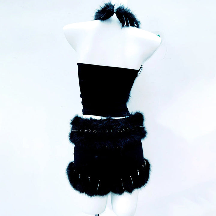 Fluffy halter skull applique backless top
