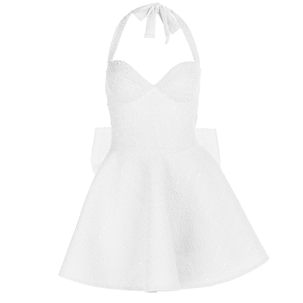 Self tie halter bowknot zip-up v neck mini dress