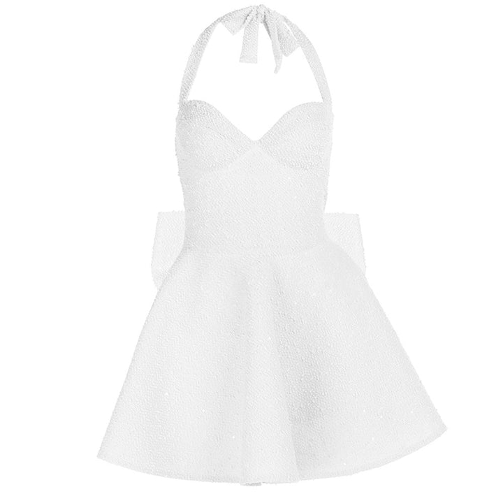 Self tie halter bowknot zip-up v neck mini dress
