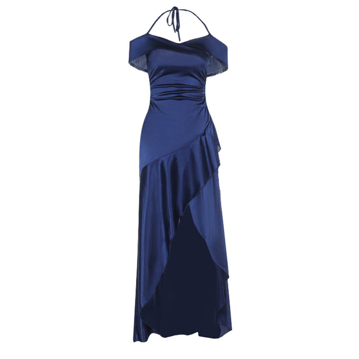 Satin slit ruffle halter self tie ruched midi dress