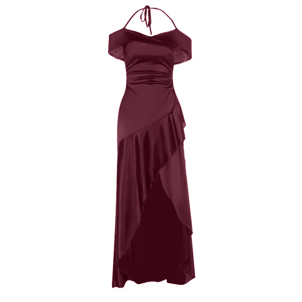 Satin slit ruffle halter self tie ruched midi dress