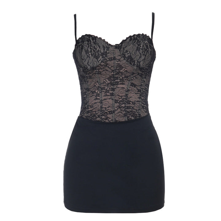 Lace up v neck lace backless cami mini dress