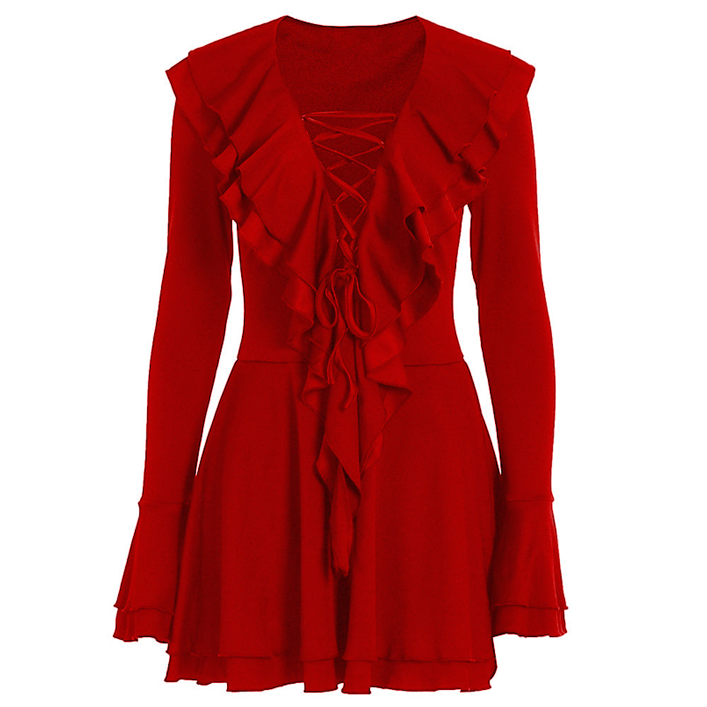 Long flared sleeve ruffle lace up solid mini dress
