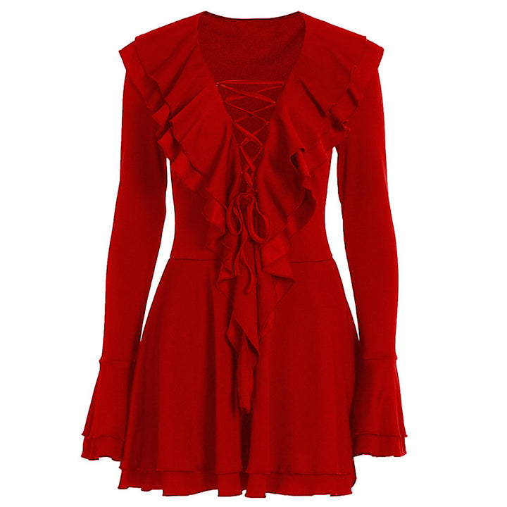Long flared sleeve ruffle lace up solid mini dress