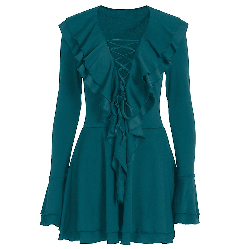 Long flared sleeve ruffle lace up solid mini dress
