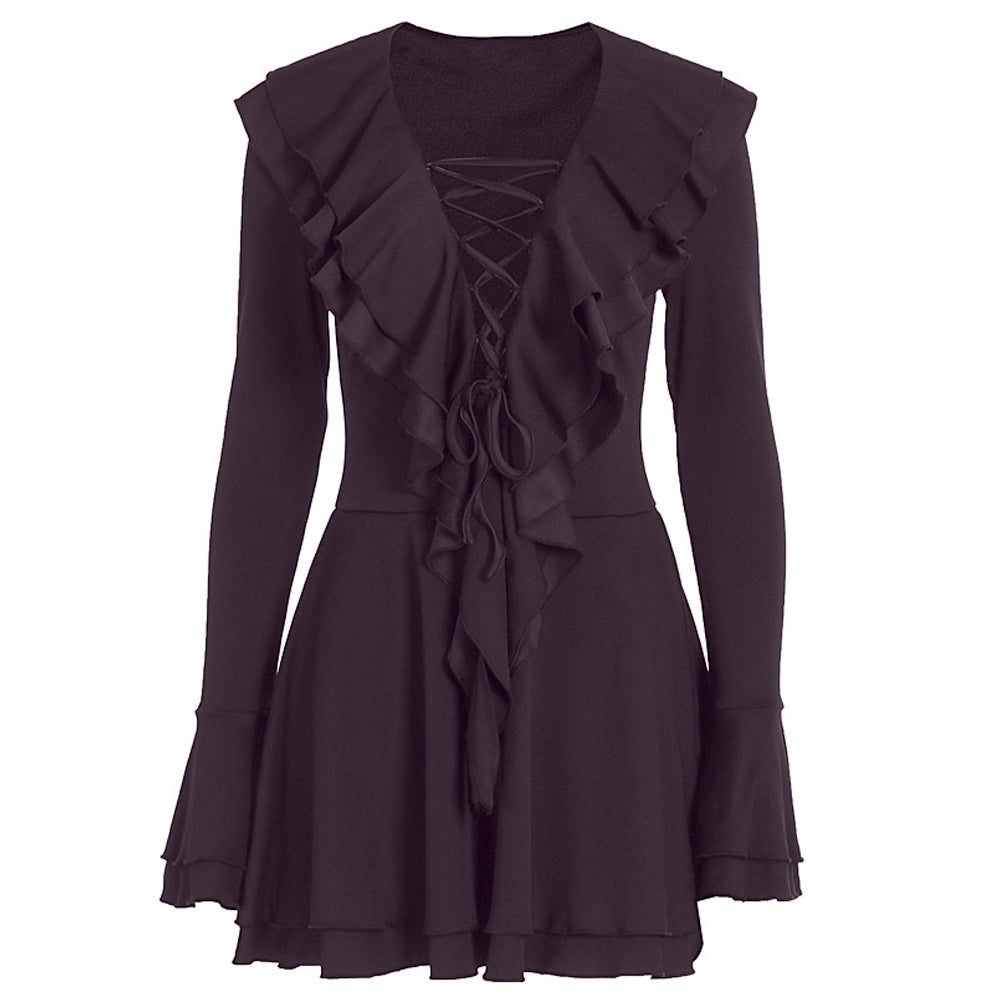 Long flared sleeve ruffle lace up solid mini dress