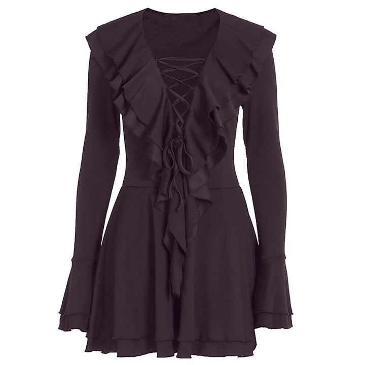 Long flared sleeve ruffle lace up solid mini dress