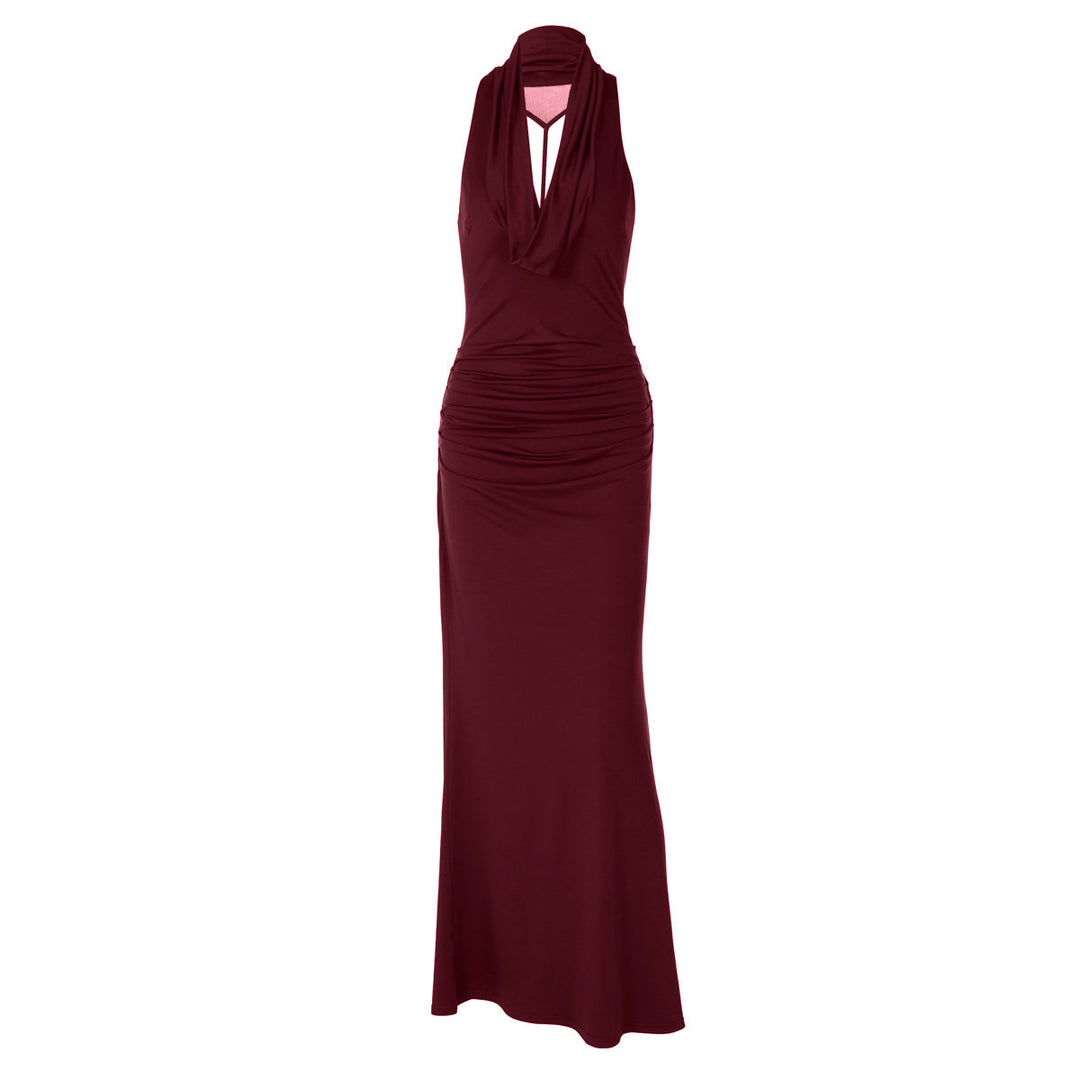 Ruched cowl neck backless solid maxi dress