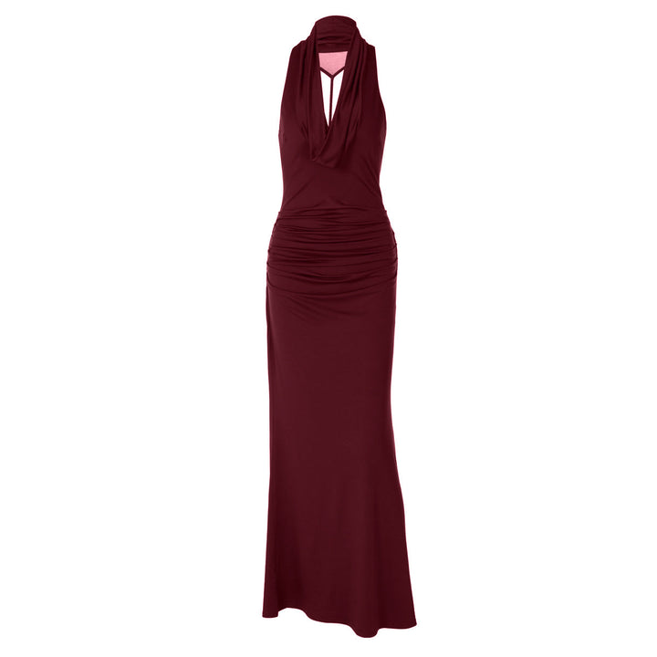 Ruched cowl neck backless solid maxi dress