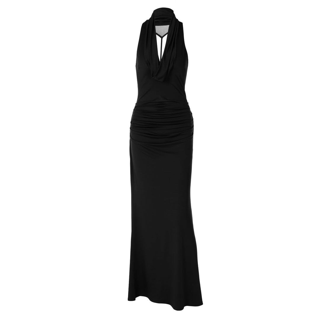 Ruched cowl neck backless solid maxi dress