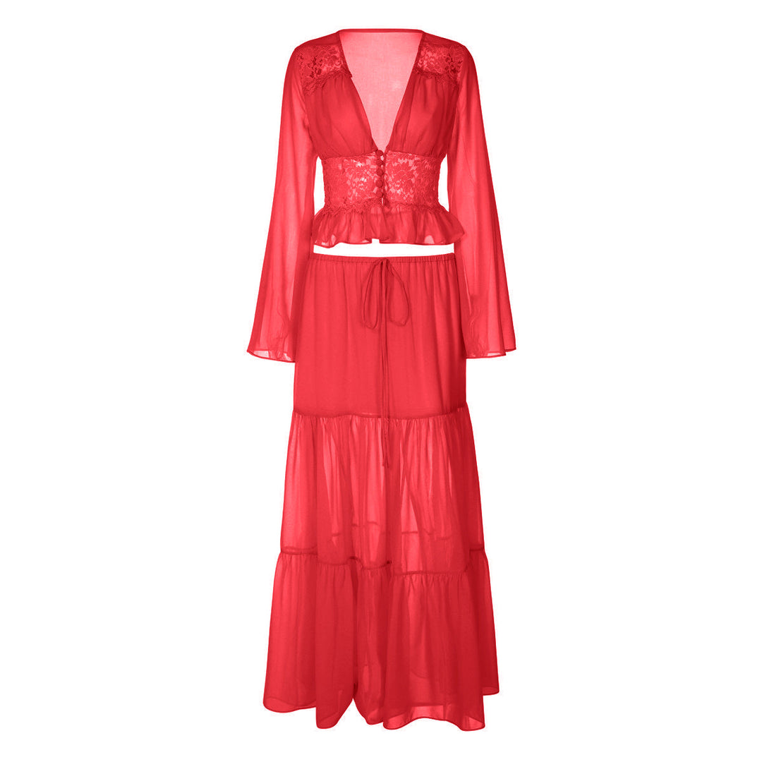 Long sleeve v neck button chiffon lace maxi skirt set