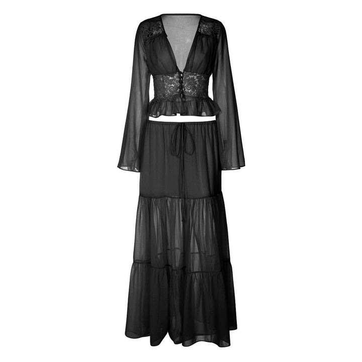 Long sleeve v neck button chiffon lace maxi skirt set